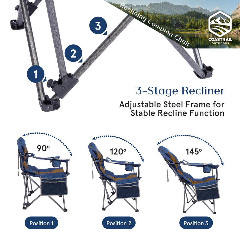 Outdoor Reclining Camping Chair, Supports 350lbs
