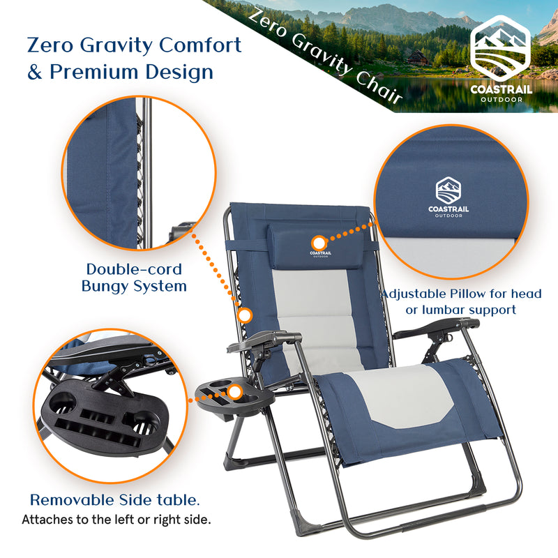Oversized Zero Gravity Chair XXL 33.5" Width Patio Recliner Folding Chair, support up to 500lbs
